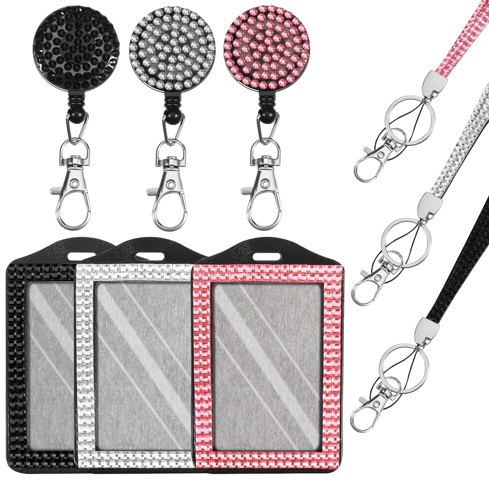 Photo 1 of 3 PCS Rhinestone Bling Lanyard with Id Badge Holder, Rhinestone Lanyard for Id Badges Diamond Crystal Idcard Holder Crystal Retractable Badge Reel Neck Lanyards with Key Ring and Metal Clasp