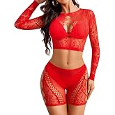 Avidlove Fishnet Lingerie Set for Women Long Sleeve Crop Top and Shorts | Soft high-stretch mesh, bikini cover up, rave festival outfits, night out clubwear, 2 piece, curve flattering fit