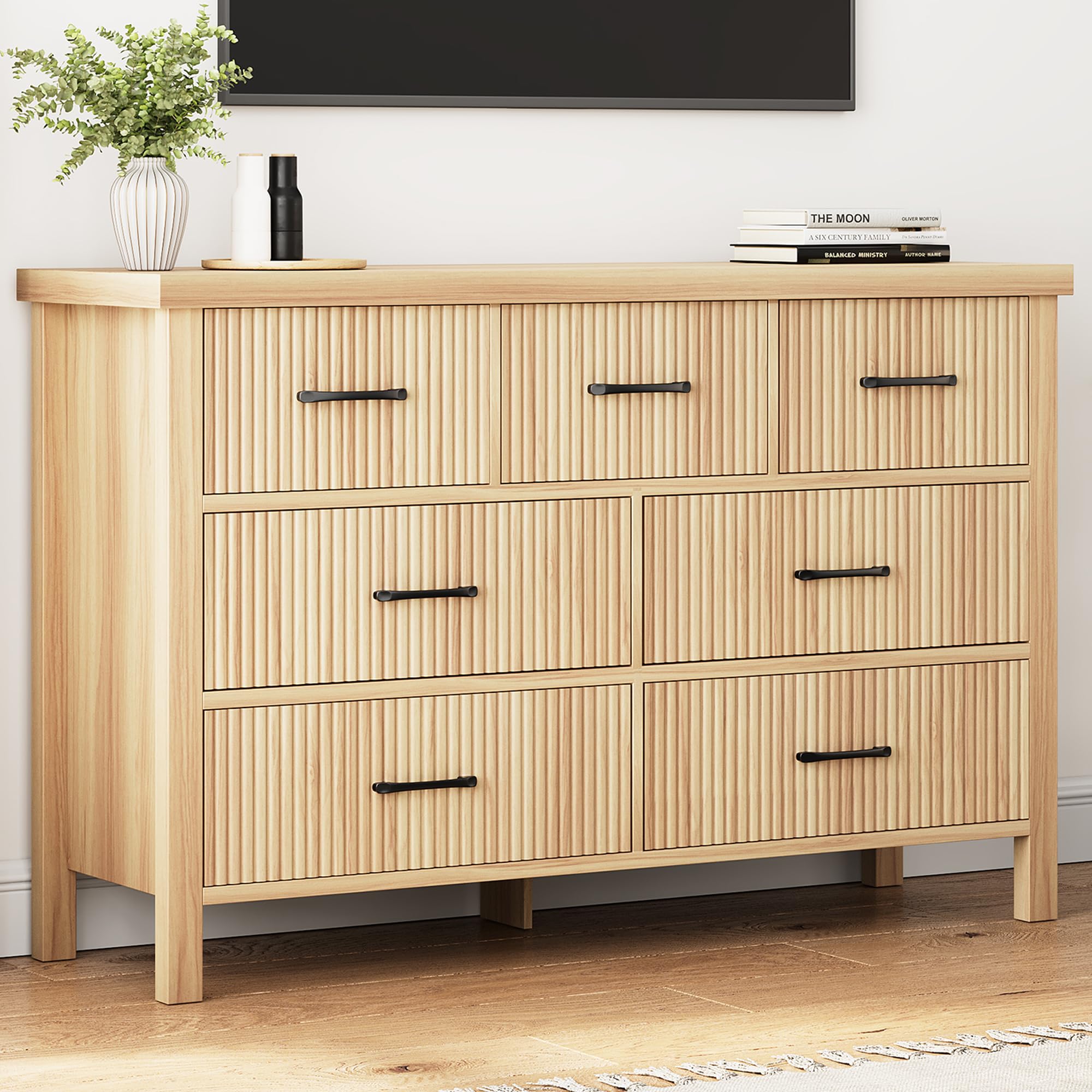 Photo 1 of ***PARTS ONLY**** Jocoevol Fluted 7 Drawers Dresser for Bedroom, Modern Chest of Drawers with Metal Handle, Wood Dresser TV Stand, Wooden Closet Clothes Storage Organizer for Living Room, Hallway (Natural Oak)