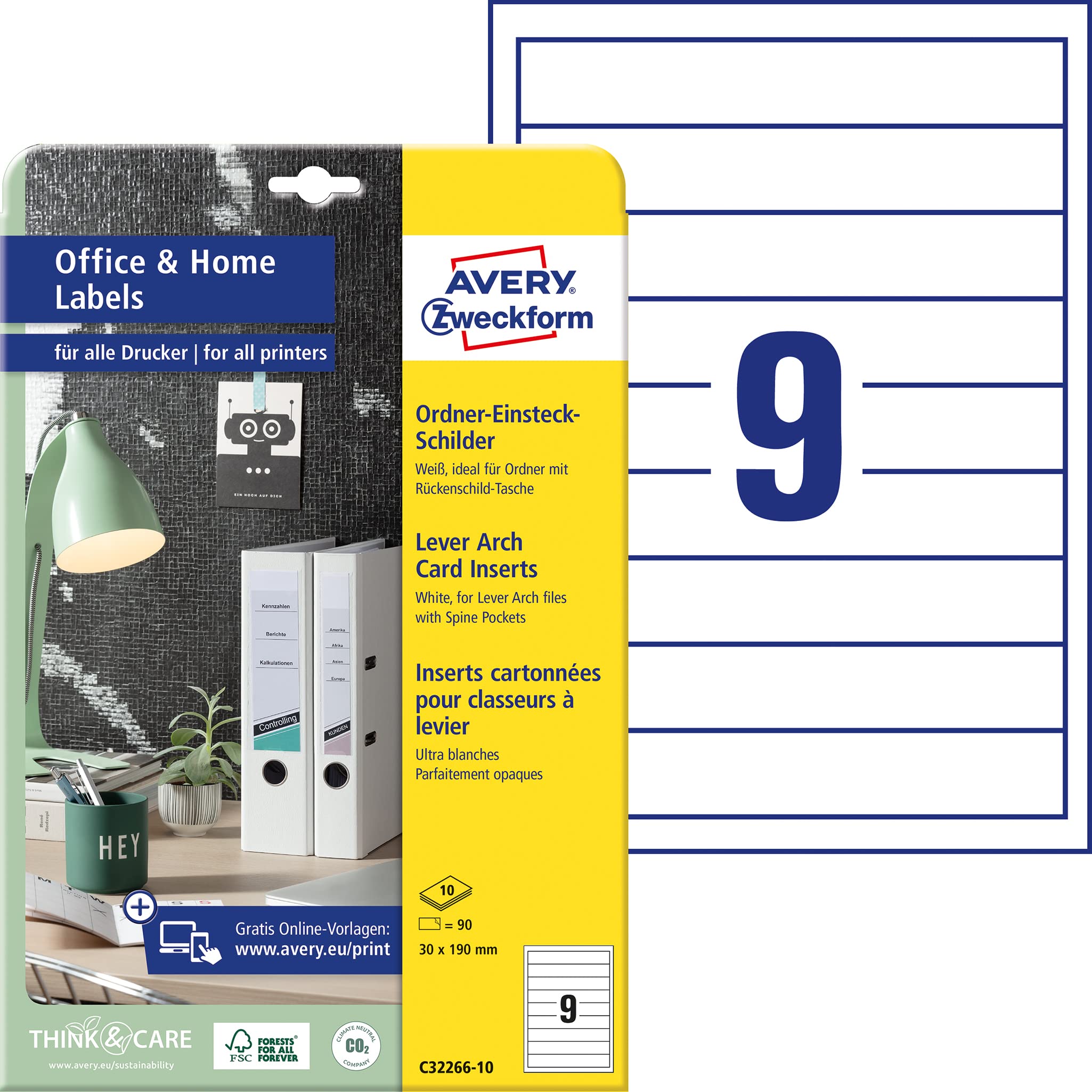 AVERY Zweckform C32266-10 Folder Spine Inserts (90 Spine Labels, 30 x 190 mm on A4, Printable Spine Labels for Insert, Micro-Perforation, Ideal for HomeOffice) 10 Sheets White