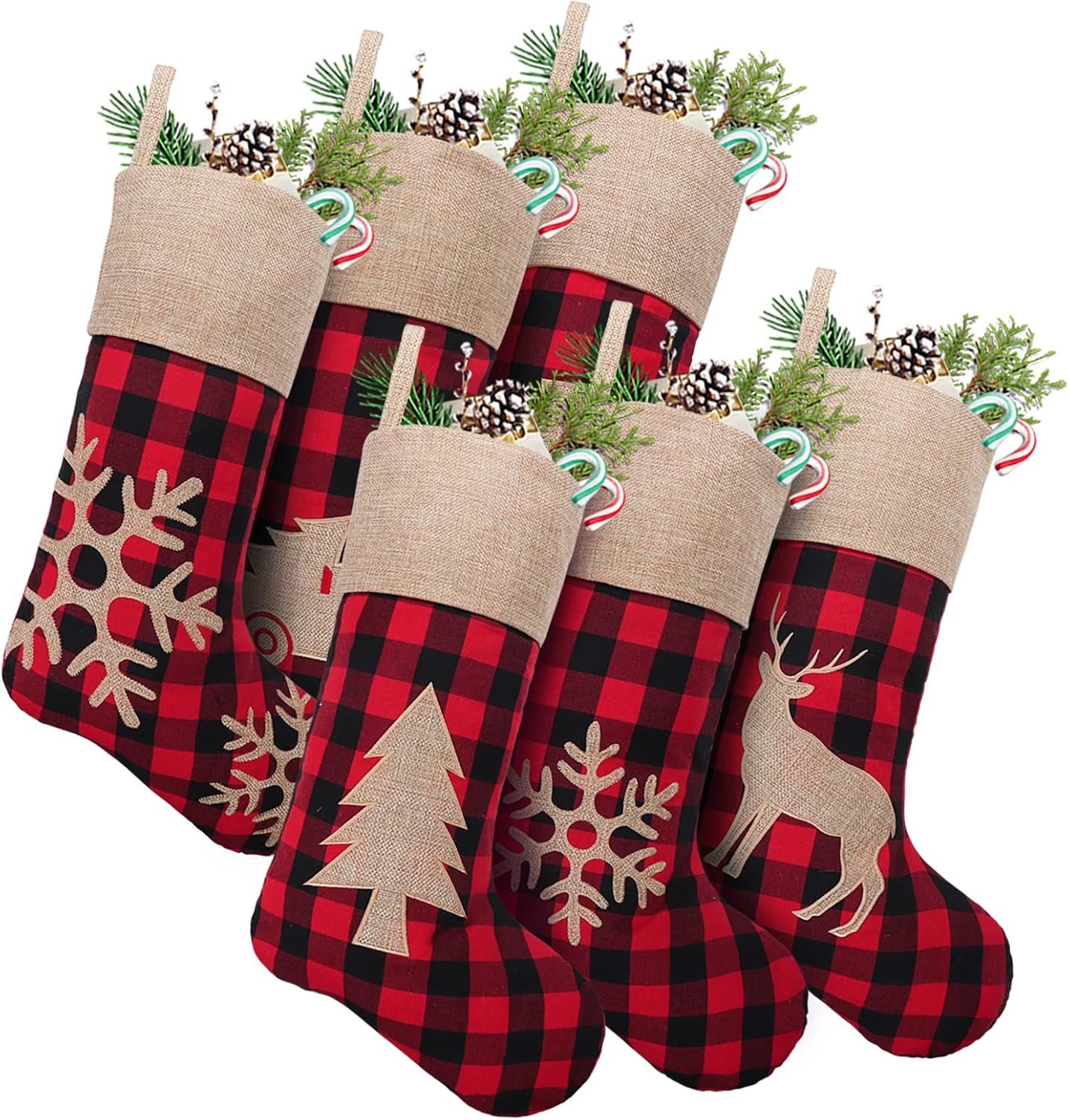 Stockings & Holders - Christmas Stockings Decorations 6 Pack, 18 inches Red Black Buffalo Plaid Xmas Ornaments, Rustic Cotton Linen with Embroidered Burlap, DIY Personalized Farmhouse Decor for Home Family Party Tree