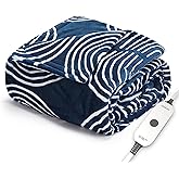 Sunbeam Ultimate Cozy Royal Posh Velvet Hand & Foot Pocket Heated Throw Electric Blanket, 50" x 72", 4 Heat Settings, 4-Hour Auto Shut-Off, Warming Throw for Couch, Machine Washable, Blue Rounds