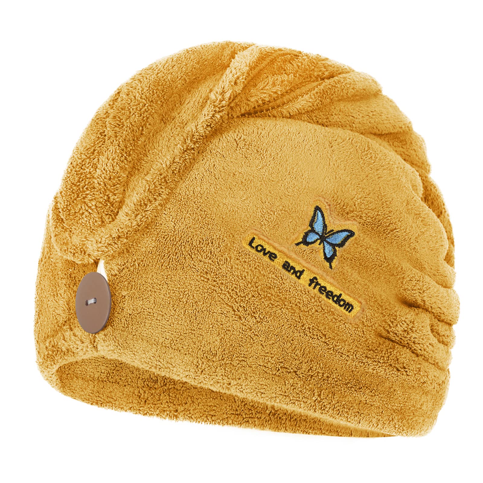 Qchomee Super Absorbent Hair Drying Towels Wrap Women Girls Microfiber Dry Hair Hat Towel Turban with Button Design Quick Drying Lady Bath Head Wrap (Yellow Butterfly)