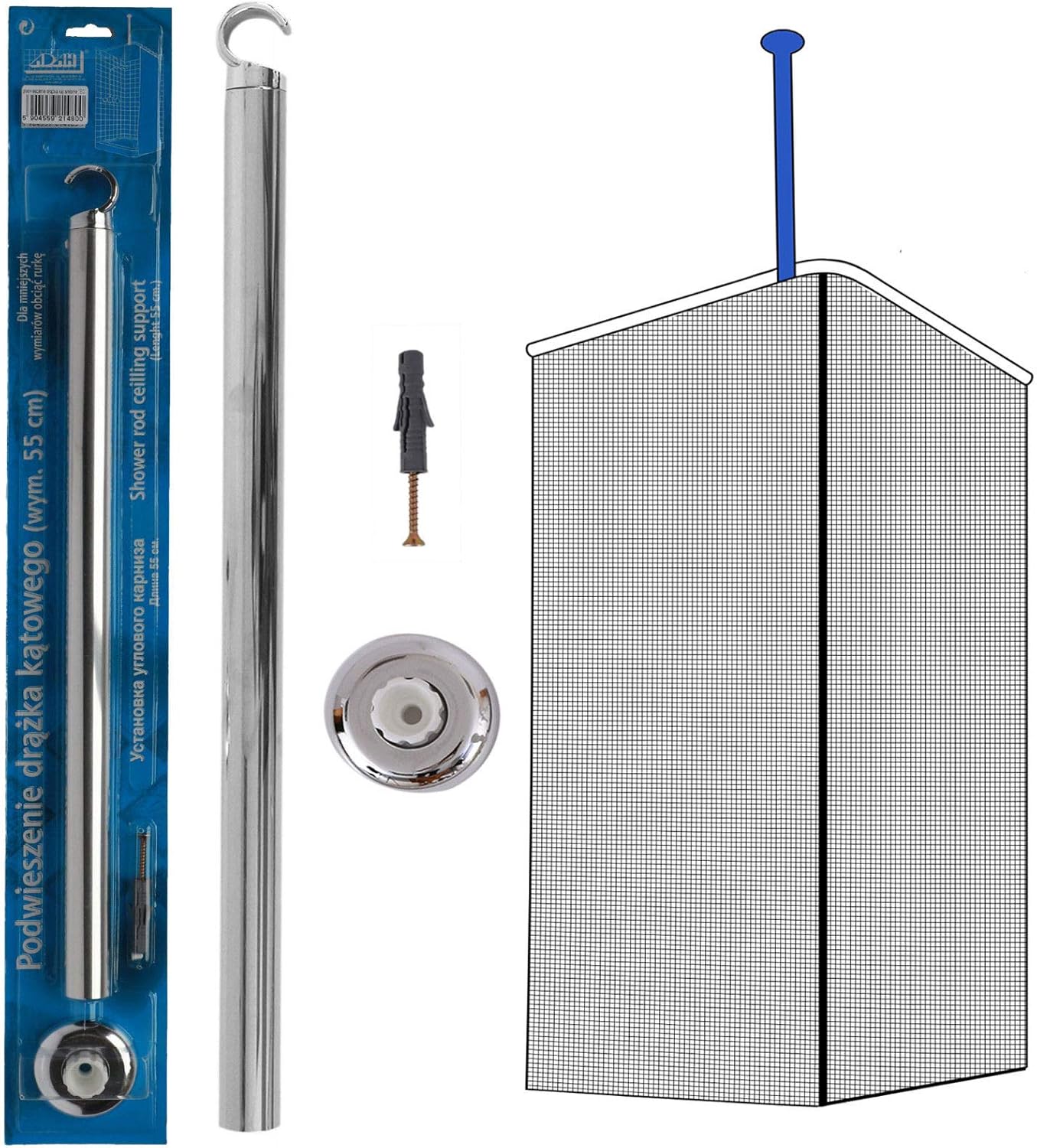 Shower Curtain Rail Ceiling Support 55cm Length Corner Rail Rod