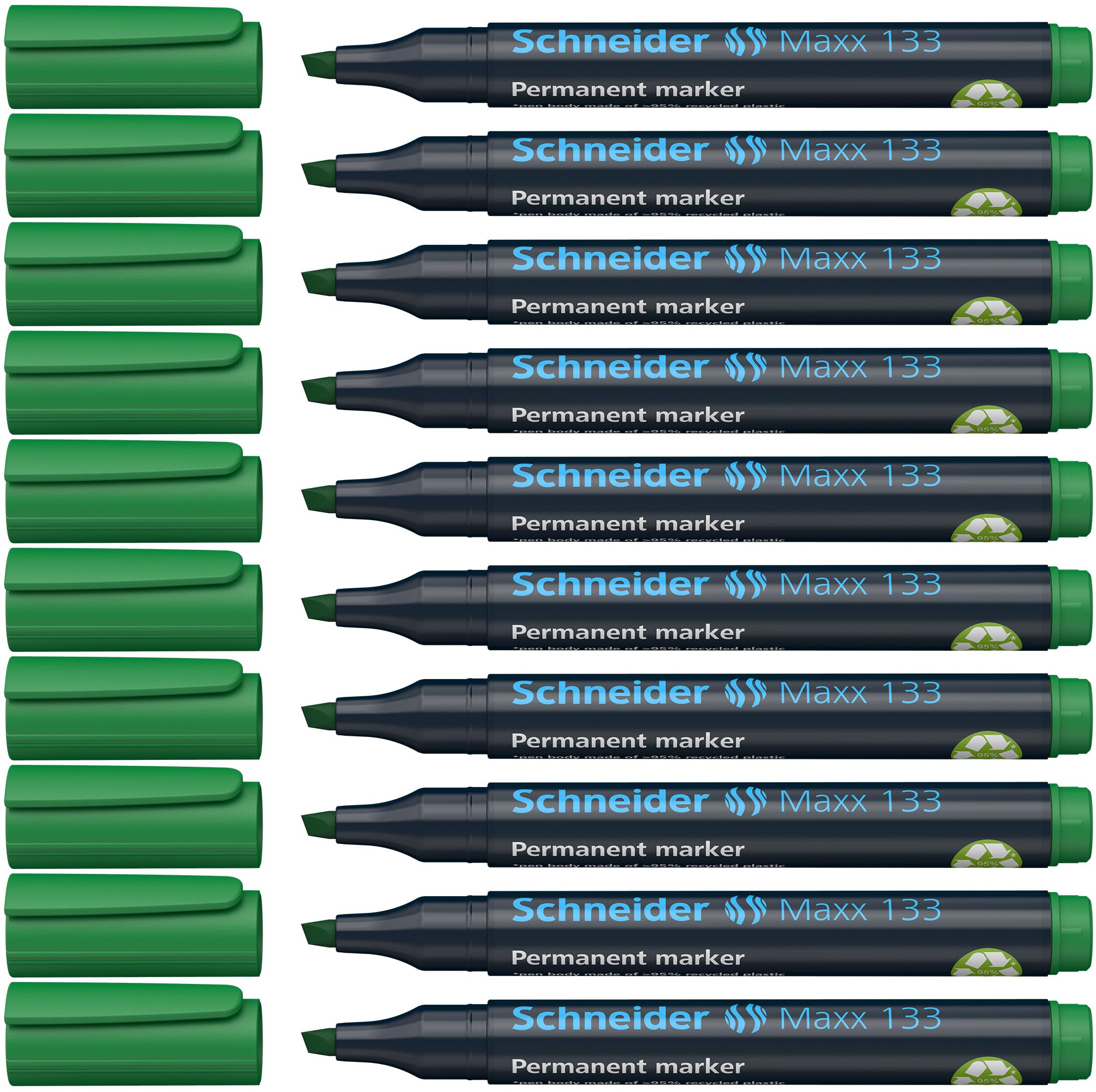 Schneider Maxx 133 Permanent Marker with Chisel Tip (Line Width 1-4 mm, Refillable) Pack of 10 Green