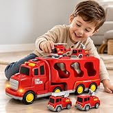 Toddlers Boys Fire Car Carrier Set Truck Toys for Kids 3 4 5 Years Old Boy | 5 in 1 Transport Carrier Truck for Boys 3-5, Christmas Birthday Gift 3 4 5 Year Old Toddler Kids Toys Aged 3-8 Vehicle Toy