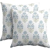 Kawani Blue and Green Floral Block Print Pillow Covers 18x18 Inch Modern Neutral Outdoor Decorative Throw Pillow Covers Set of 2 Boho Rustic Pillowcases Cushion Covers for Couch