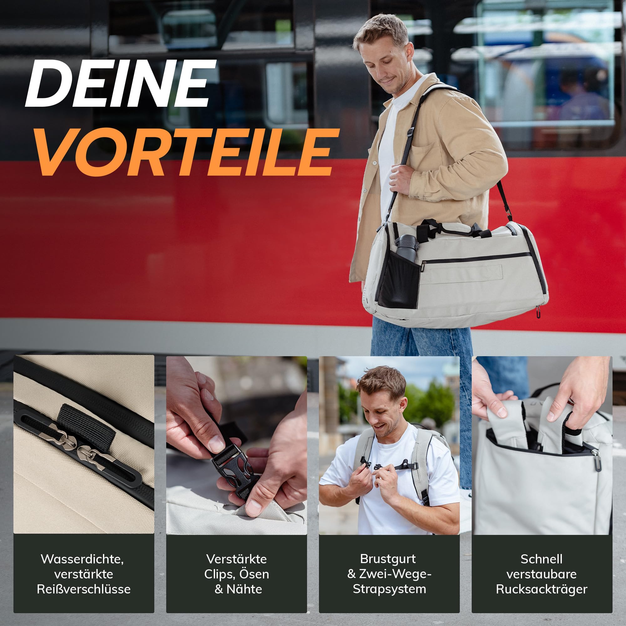 RECARRIER Sporttasche [RECYCELTES PET] 50L –Gym Bag und Rucksack in Einem –wasserdichte Trainingstasche Herren Damen –Sportrucksack wasserdicht mit Schuhfach Fitness, Reisetasche groß (Savanna beige) 6