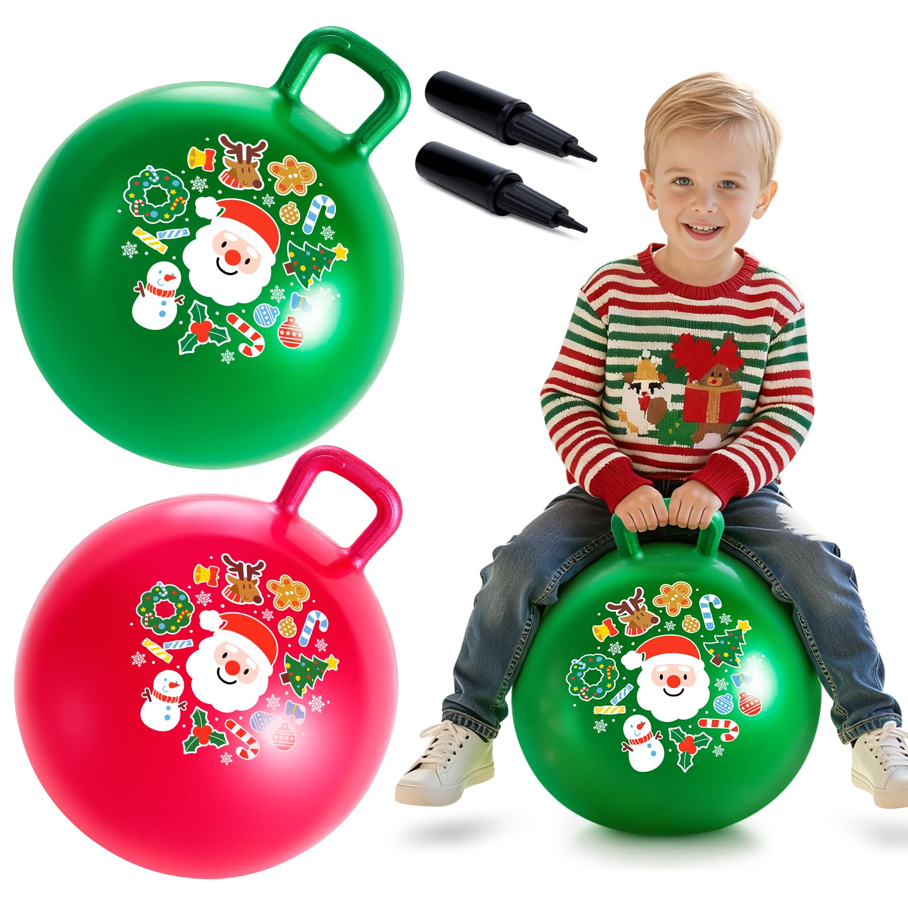 U&C Planet 2 Pack Christmas Space Hopper 18 Inch Bouncy Ball for Kids Ages 3-8, Christmas Ride-On Hopper Ball with Hand Pump, Non-Slip Base, 100kg Capacity