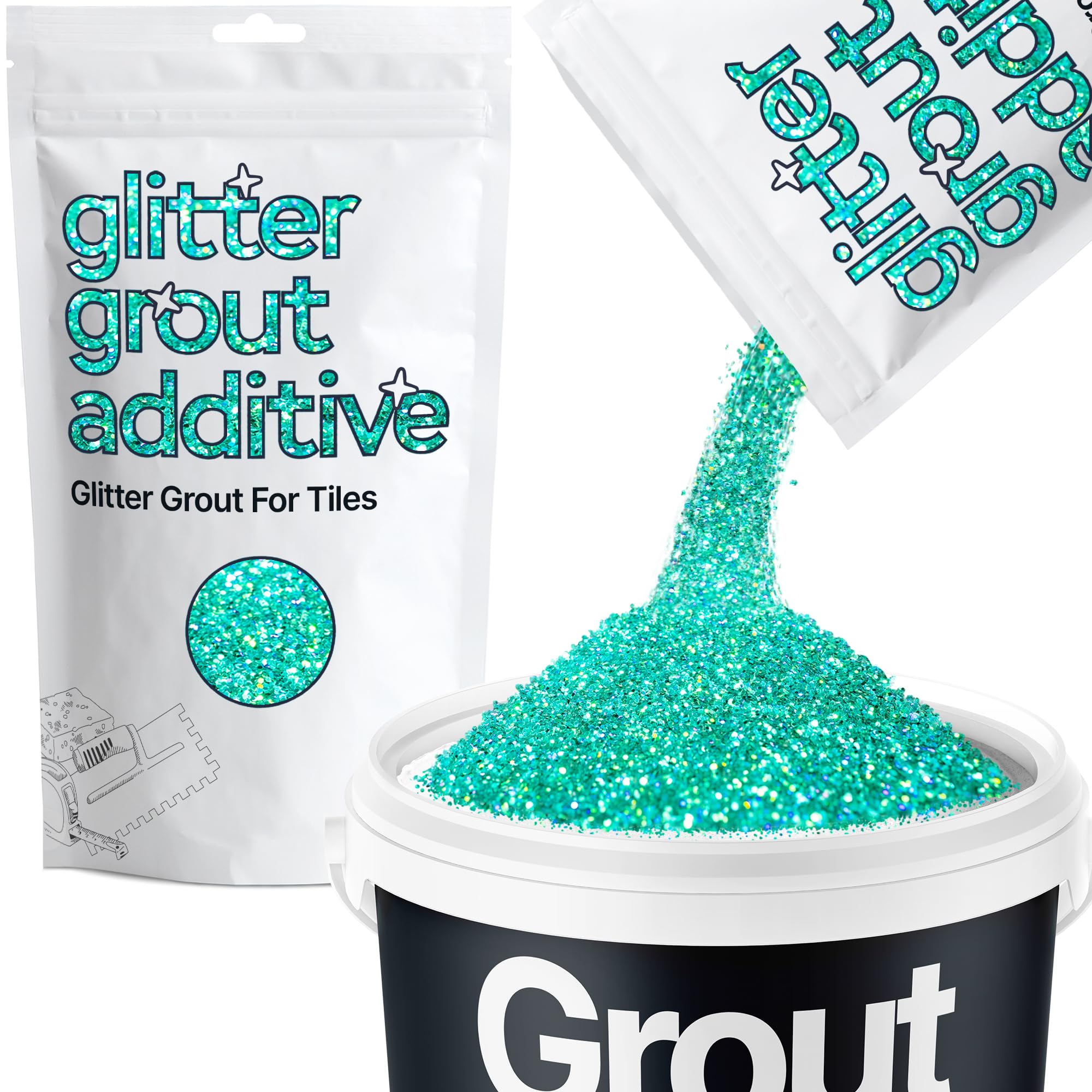 Hemway Turquoise Blue Holographic Glitter Grout Additive 100g Metallic Flakes for Adding Sparkle to Kitchen & Bathroom Tiles | Enhance Your Indoor Grouting Projects with a Durable Sparkly Effect