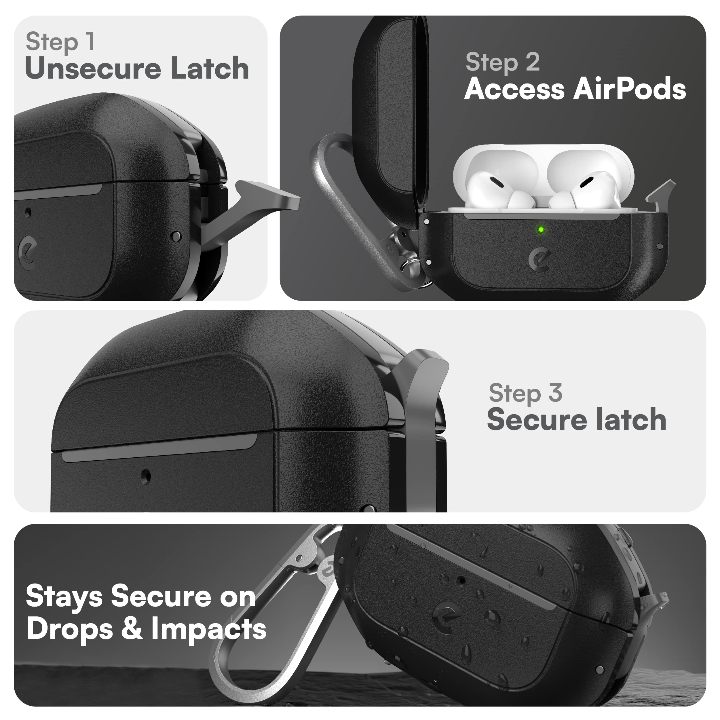 Keybudz for AirPods Pro Case with Lock - Fully Waterproof AirPods Pro 2nd Generation Case Cover - Keychain, Rugged Tough Protection, Hard Shell and Carabiner for USB-C/Lightning (Carbon Black)