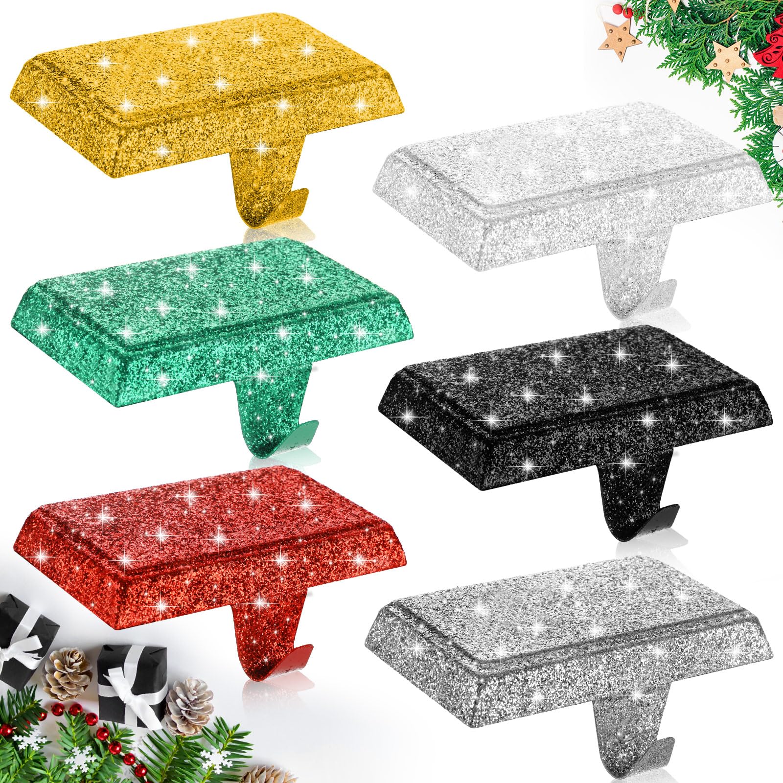 Photo 1 of Huwena Metal Christmas Stocking Holders Shiny Mantel Heavy Duty Stocking Hooks Glitter Hanging Hangers Christmas Ornaments for Fireplace Window Mantle Table Decoration(Stylish,Multicolor,6 Pcs)