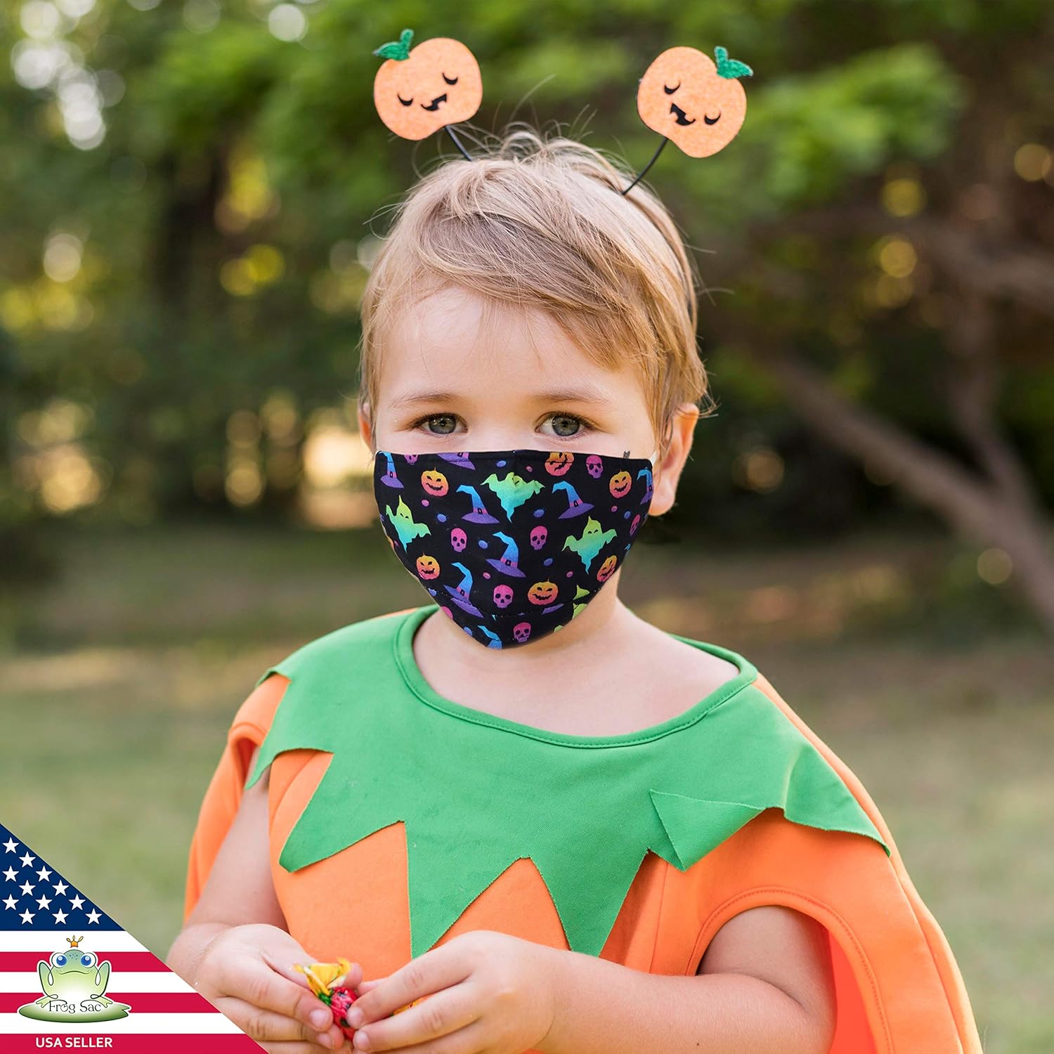 3 PCS Adjustable Halloween Face Masks for Kids, Washable Breathable Soft Cotton Mask for Children with Filter Pocket, Kid Ghost Spider Pumpkin Witch Prints with Nose Bridge Wire: Clothing