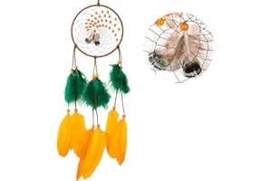 HOLSM-III Dream Catchers - Orange Goose Feather with Green Turkey Feather, Natural Leather, Handmade Dreamcatcher for Bedroom, A Dream Catcher for Girls, Dream Catchers for Boys, Dream Catcher Wall Decor