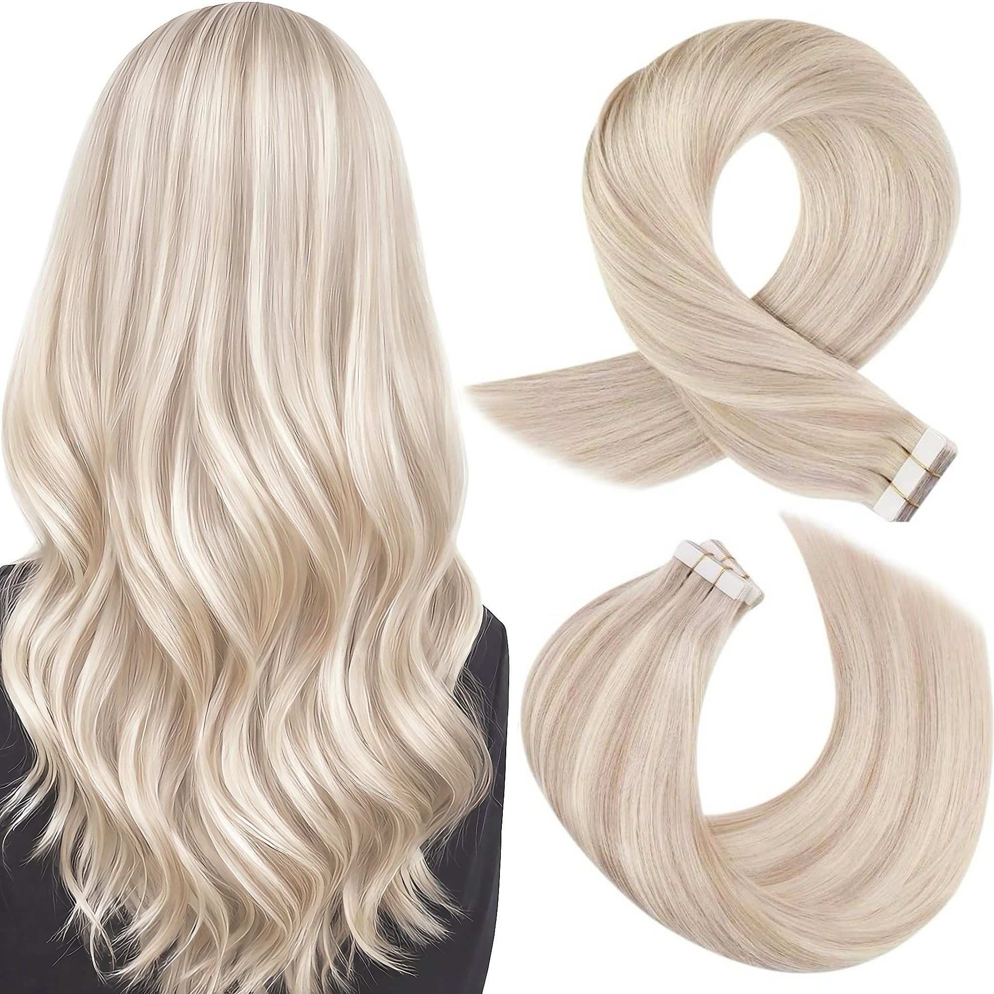 Moresoo Tape in Hair Extensions Human Hair 10 Inch Tape in Extensions #18 Ash Blonde with #613 Bleach Blonde Seamless Hair Extensions 20pcs/30g