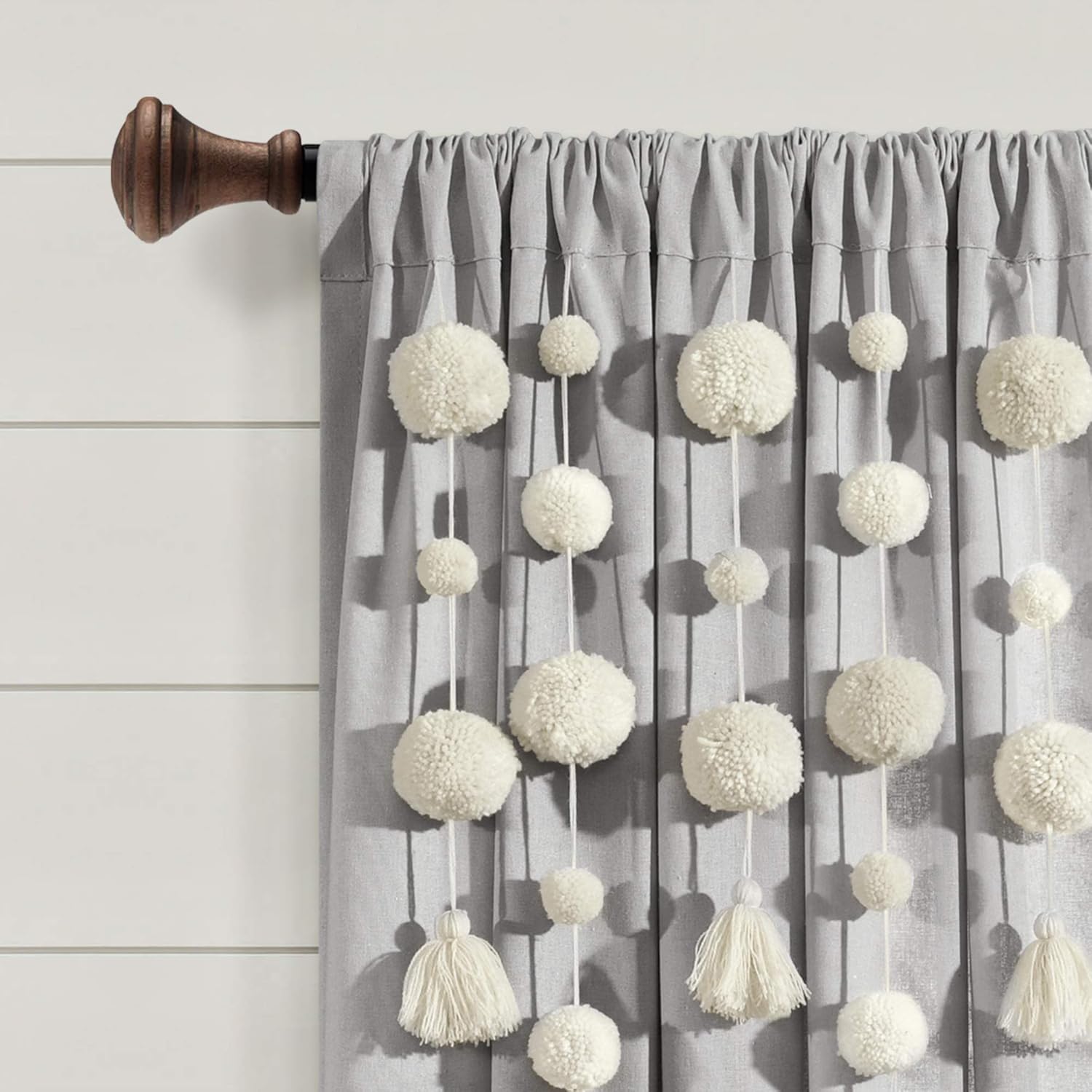 Lush Decor Boho Pom Tassel Linen Window Curtain (Single Panel), 84" L x 52" W, Light Gray: Home & Kitchen