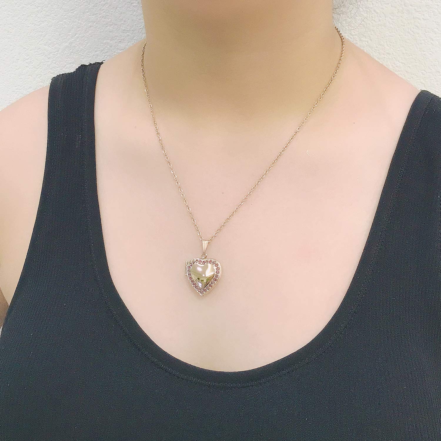 YOUFENG Love Heart Birthstones Locket Necklace Holds Pictures Paved Blue Red White CZ Rose Gold Living Memory Photo Lockets