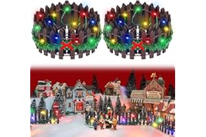 Spiareal 4 Pcs 35 Inch Christmas Village Accessories Christmas Village Fence Xmas Miniature Wood Decorative Garden Picket Fence with 4 Pcs 9.84 ft LED Light Dollhouse Landscape (Brown)