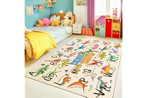 Bolacrom Kids Rugs for Playroom, 3x4 Feet Educational Rug for Learn The ABC Alphabet, Soft Machine Washable Non-Slip Cute Dinosaur Carpet for Classroom Toddler Nursery Kids Room Decor Mat, Beige