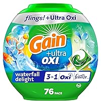 Gain Flings Ultra Oxi Laundry Detergent Pacs Waterfall Delight Scent with Odour Defense, 76 Count