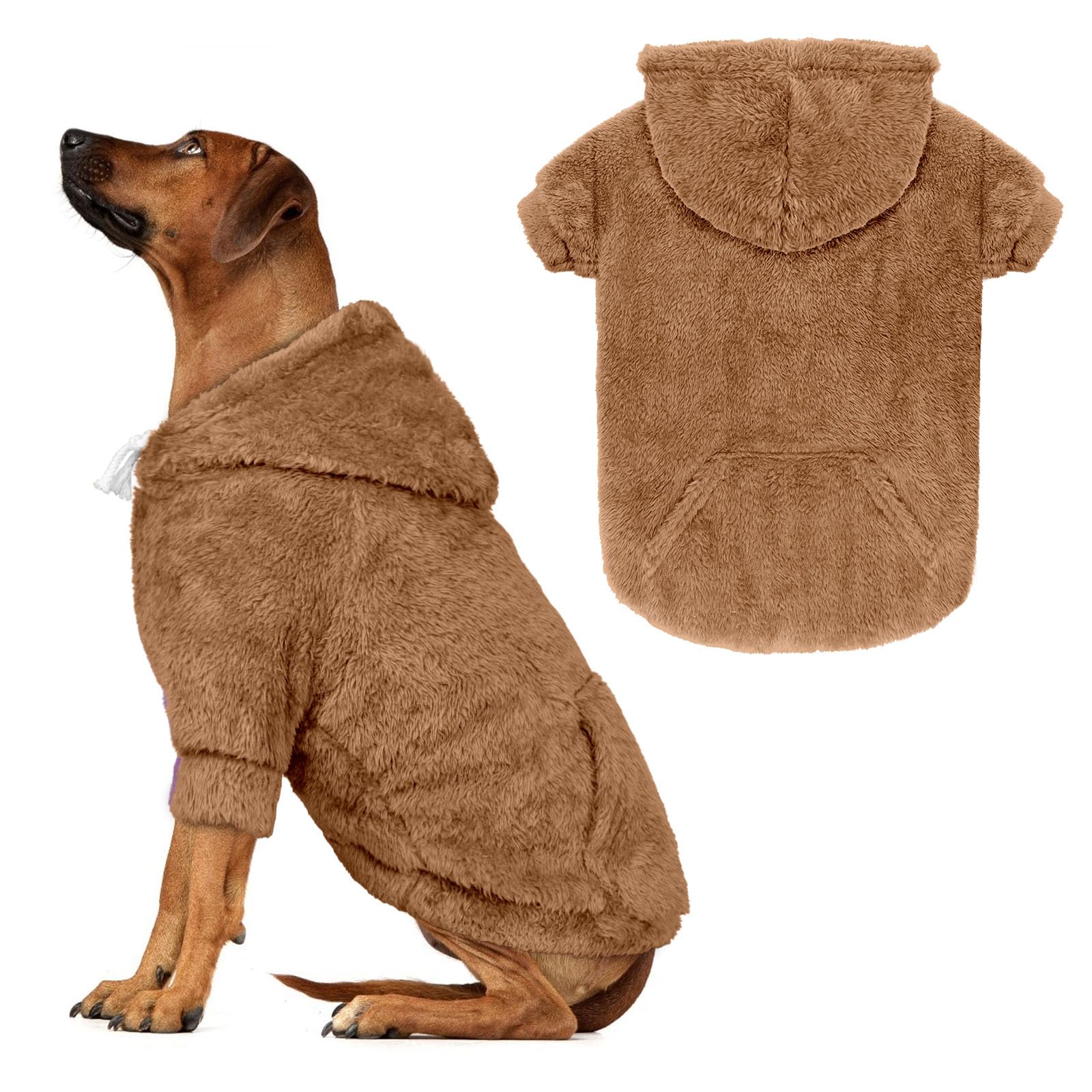 Photo 1 of 3XL Dog Sweaters for Large Dogs,Dog Hoodie,Warm Fuzzy Fleece Sweatshirt with Hood & Pocket,Leash Hole,Cozy Cold Weather Pet Clothes Sweater Hoodie for Large Dogs(Coffee,3XL)