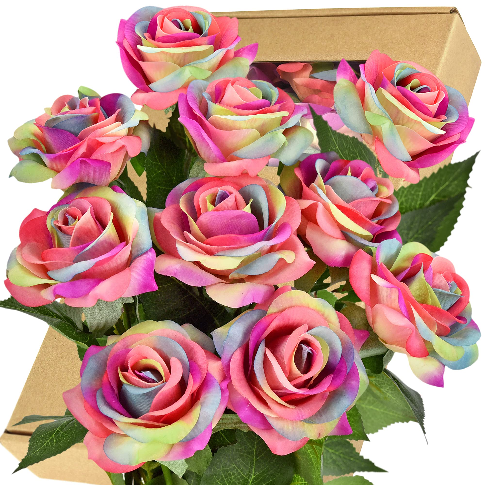 FiveSeasonStuff 10 Stems Real Touch Roses Artificial Flower Silk Roses ‘Petals Feel and Look like Fresh Roses' Bouquet of Flowers Floral Arrangements (Rainbow #17) — image 1