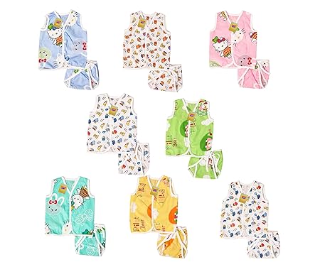 Fareto New Born Baby Boys & Baby Girls 8 Front Open Jhabla with 8 Cloth Single Layer Nappies(0-6 Months, Multicolored)