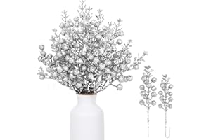 FULASITEU 32 Pack Christmas Glitter Berries Stems 8 Inch Artificial Silver Berry Stems Christmas Tree Berry Picks Holly Berries for Christmas Tree Decorations DIY Crafts Wedding Winter Holiday Home Decor