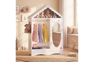HONEY JOY Kids Dress Up Storage with Mirror, Rooftop Princess Wardrobe Closet, Open Hanging, Shelves & Cabinet, Toddler Stora