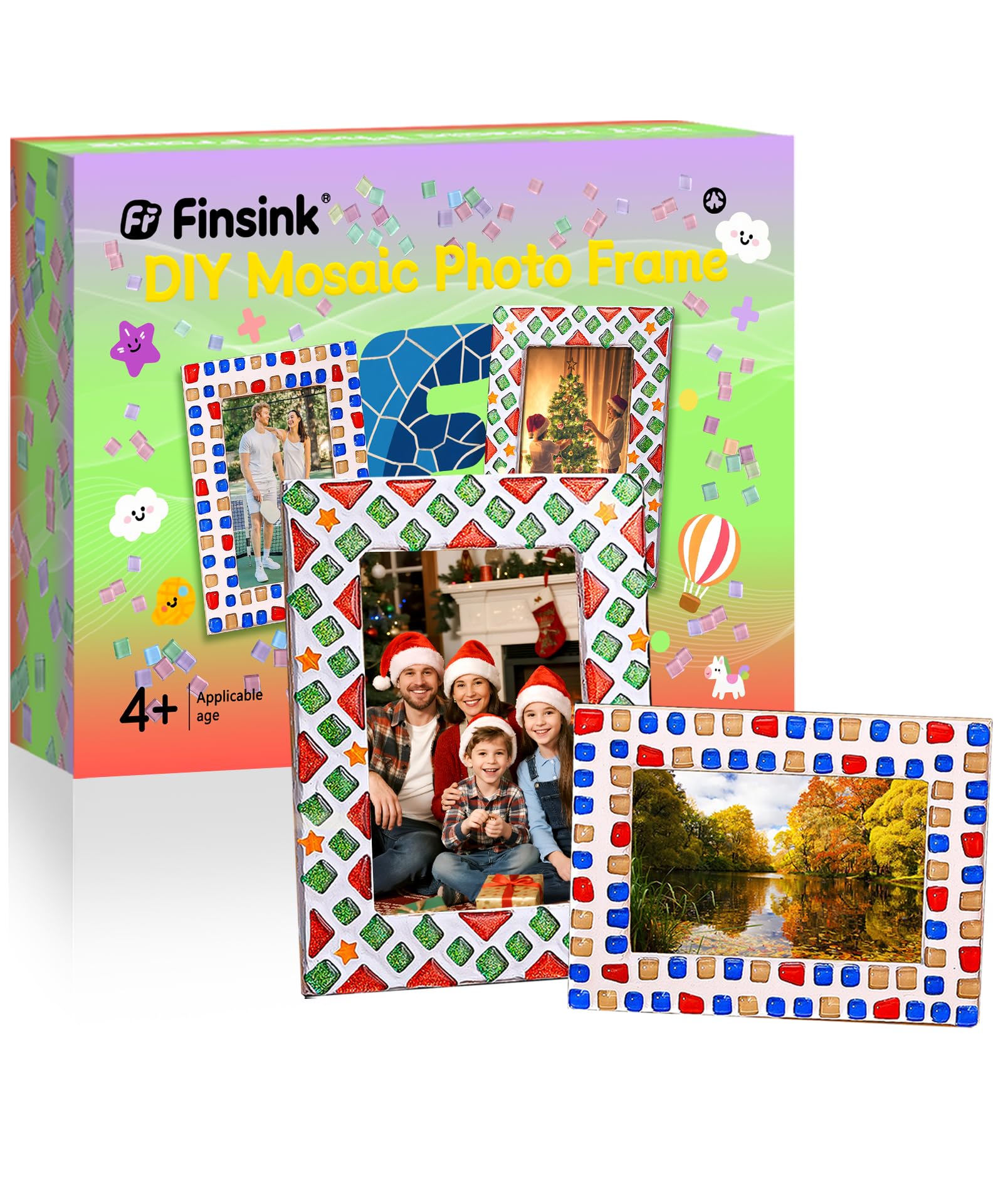 Finsink Mosaic Kit for Children 2 Sets of Photo Frames to Create 20 x 15 cm DIY Wooden Mosaic Kit with Mosaic Stones to Create Birthday Gifts for Children 8-12 Years Old