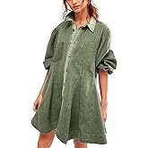 Gozoloma Women's Denim Dress Long Balloon Sleeves Button Down A Line Swing Ruffle Jean Mini Babydoll Dress with Chest Pocket(Green-L)