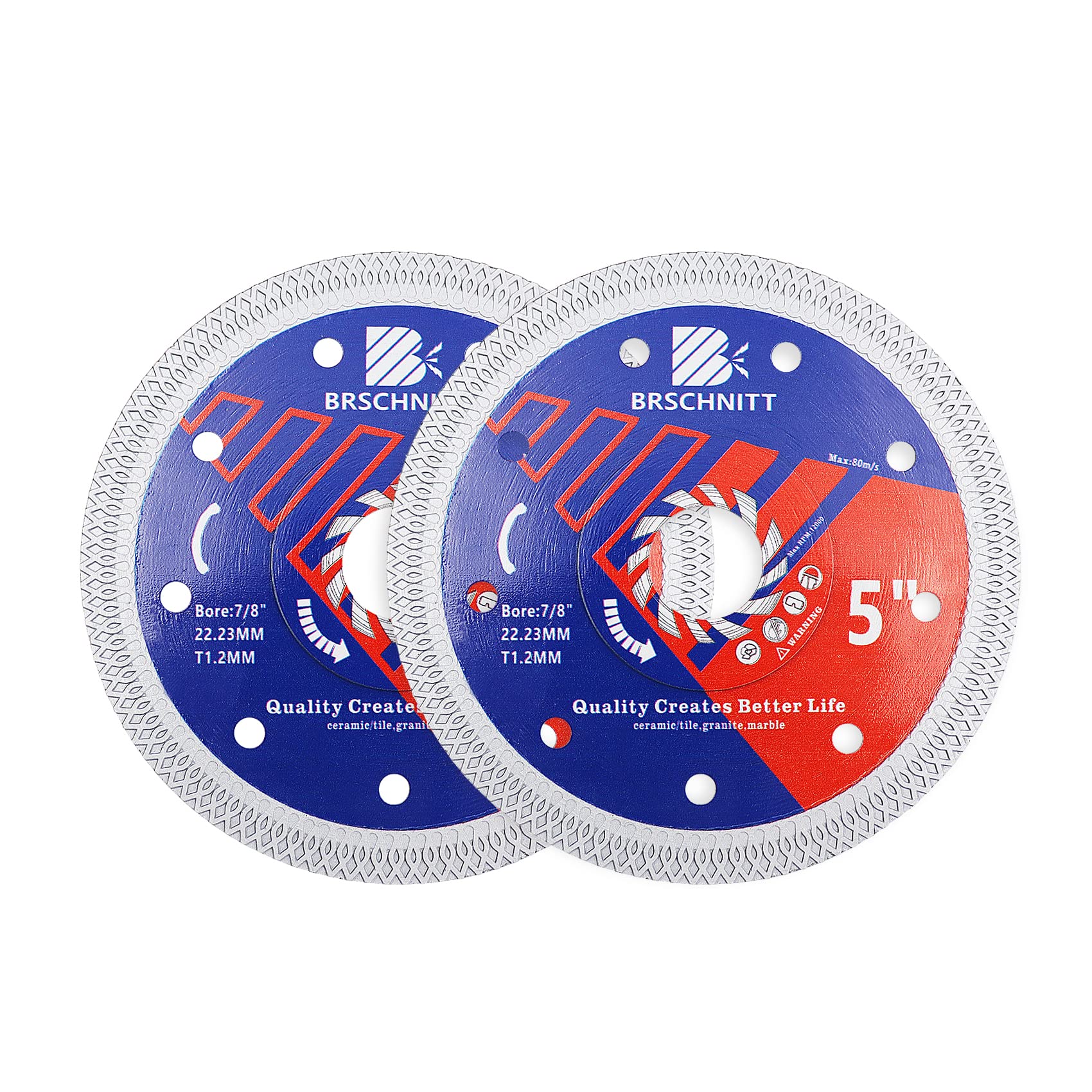 Super Thin Diamond Porcelain Saw Blade with X Teeth,BRSCHNITT 2pcs 5 Inch (125mm) Diamond Cutting Disc with Reinforced Core Center for Dry/Wet Cutting Porcelain Tile Ceramic Marble Granite