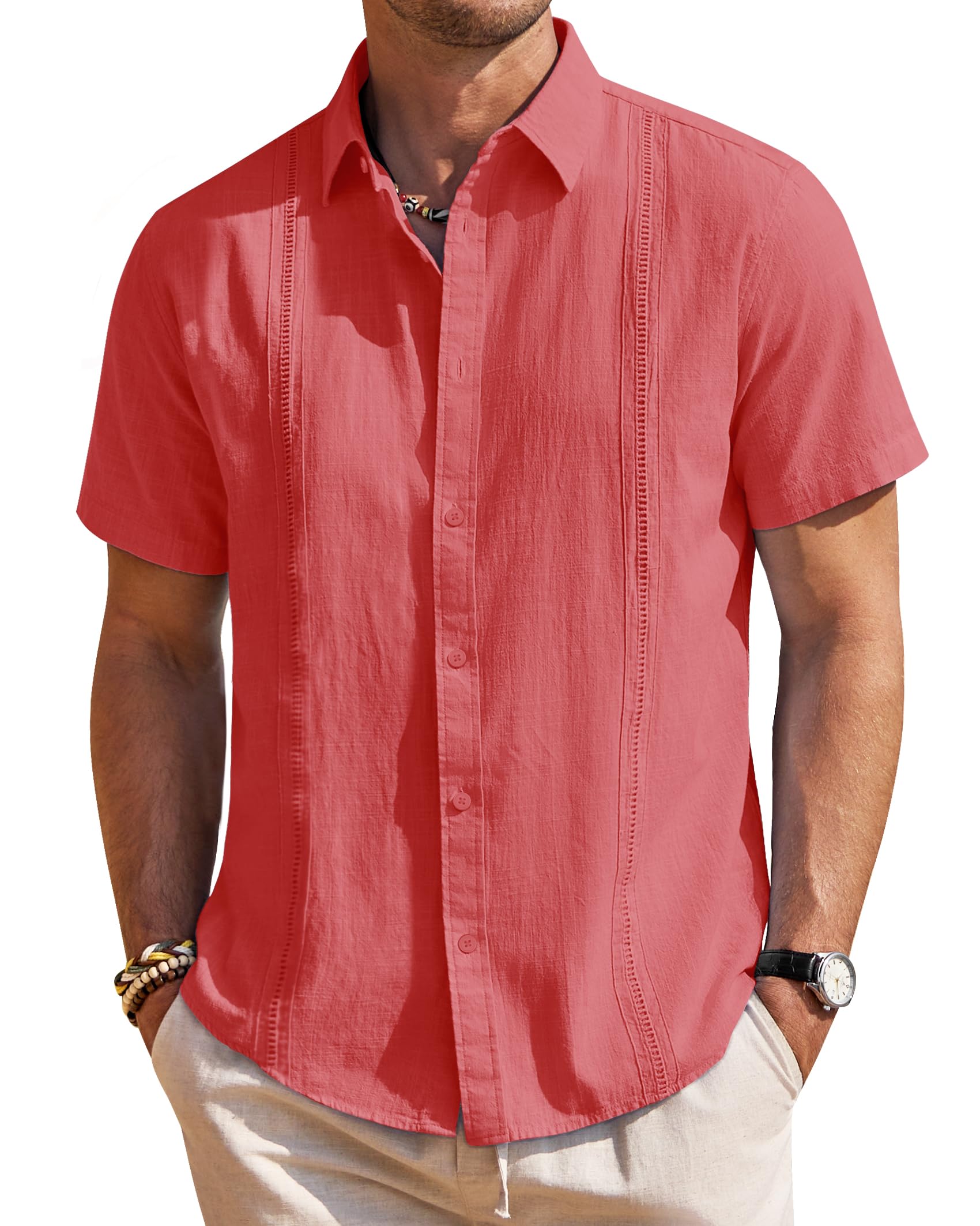 Photo 1 of Mens Linen Shirts Short Sleeve Button Down Shirt Casual Cuban Guayabera Lightweight Summer Beach Solid Tops Coral
