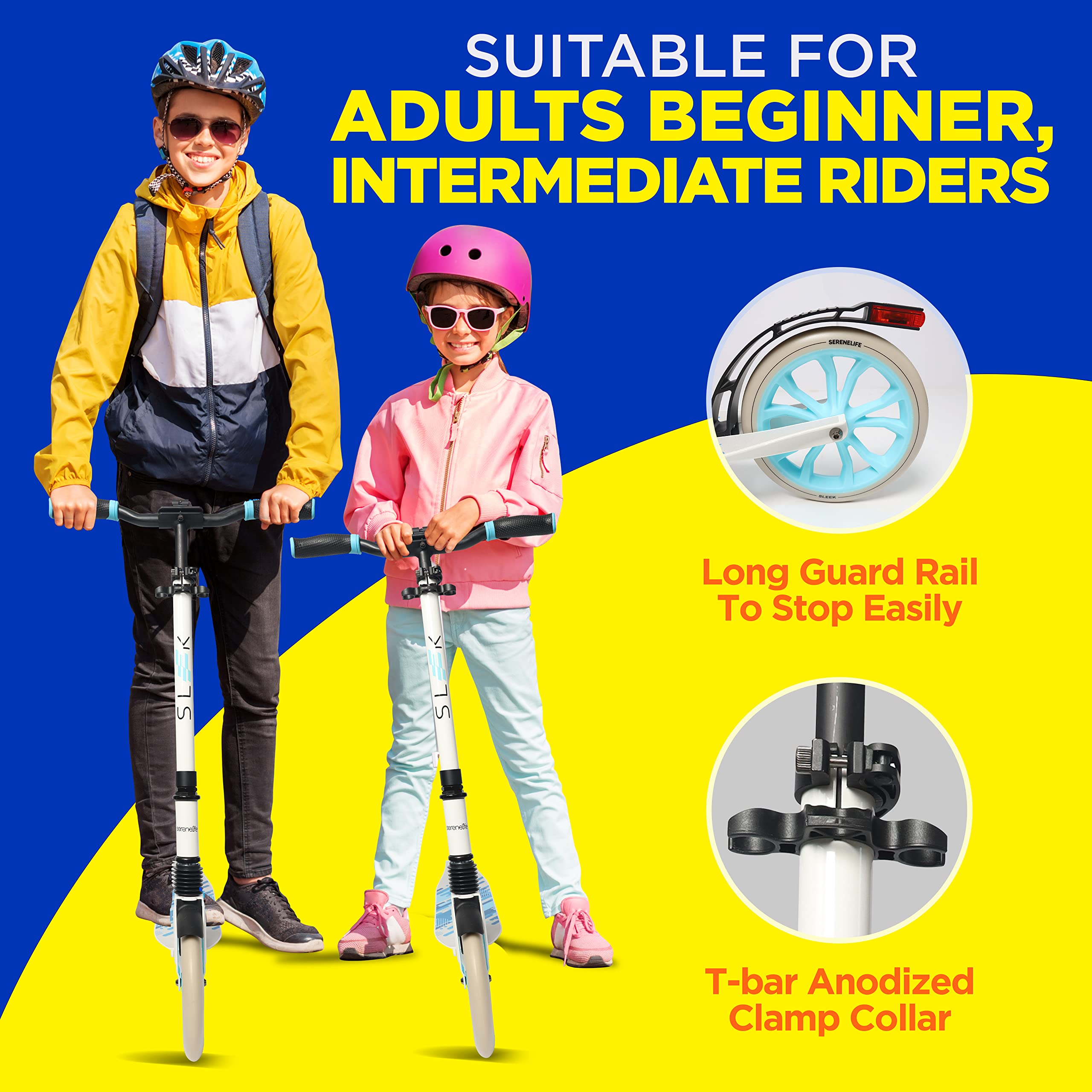 SereneLife Kick Scooter for Adults, Teens, and Kids – 2-Wheel Folding Scooter with Adjustable T-Bar, Anti-Slip Alloy Deck, Carry Strap, White