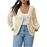 OYOANGLE Women's Plus Size Crochet Hollow Out Button Front Cardigan Sweater Long Sleeve Fashion Lightweight Cardigan
