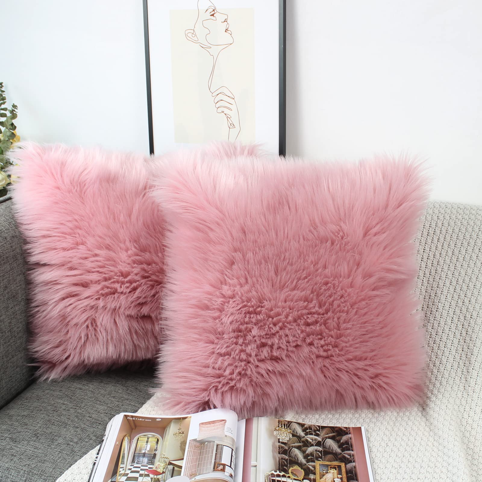 OYIMUA Blush Pink 16 x 16 Cushion Covers Pack of 2 Fluffy Soft Faux Fur Square Pillowcases, Luxury Home Decorative Fuzzy Pillow Covers Case 40cm x 40cm for Sofa Bed Living Room — image 1