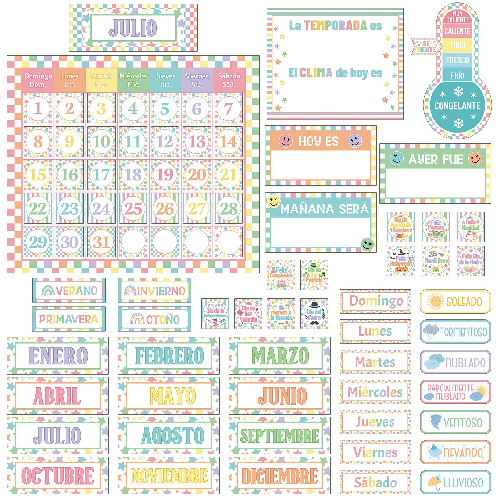 Photo 1 of AmazingSpark 85 Pcs Spanish Pastel Classroom Calendar Bulletin Board Set for Teachers Seasons Weather Days of the Week Chart Bulletin Board Calendar Set for Back to School Classroom Decoration