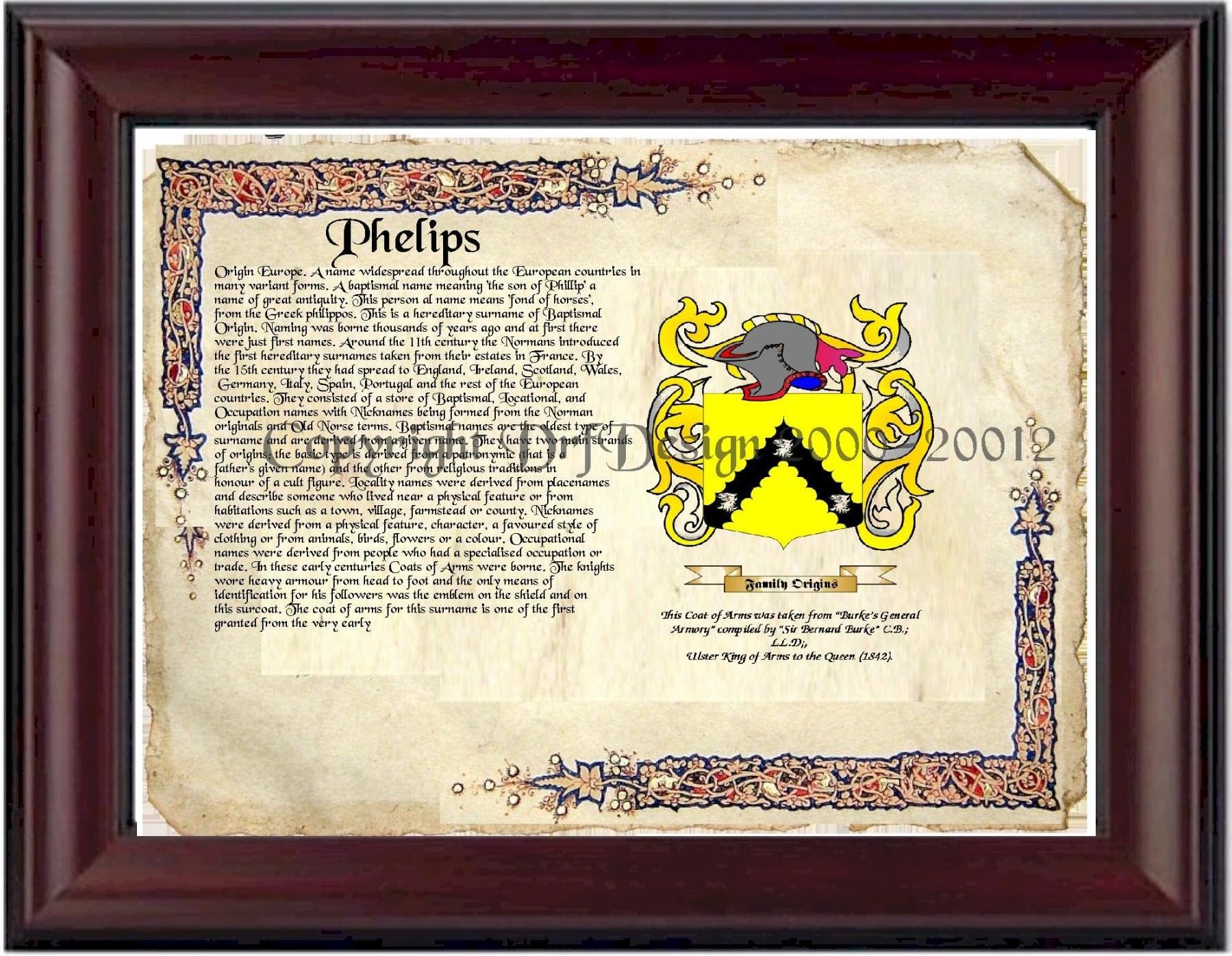 DRFdesign Phelips Coat of Arms/Family Crest on Fine Paper and Family History