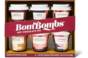 THOUGHTFULLY Bombombs Hot Chocolate Mix Gift Set in Mini Cup Packaging, Flavors Include Double Chocolate, French Vanilla, Peppermint, Salted Caramel and More, Set of 6