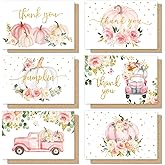 Whaline 36 Pack Fall Gold Foil Thank You Cards Pink Floral Pumpkin Greeting Cards Autumn Blank Note Cards with Stickers Envelopes for Thanksgiving Wedding Bridal Shower
