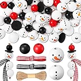 180 Piece DIY Christmas Crafts for Adults Snowman Wooden Bead for Crafts Winter Wooden Bead Christmas Buffalo Plaid Wood Round Print Beads with DIY Twine Scarf (Vivid Color)