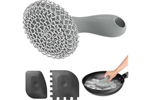SUBEKYU Cast Iron Scrubber with Silicone Handle, Stainless Steel Skillet Cleaner for Cast Iron Pans (Gray Scrubber + Scraper)