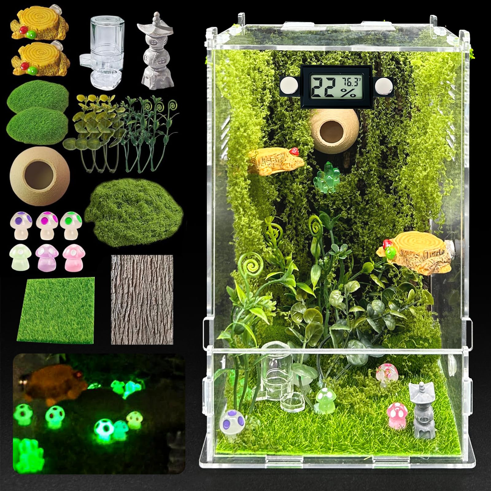 Photo 1 of ***MISSING PARTS***
Jumping Spider Enclosure,DIY Insects Habitat,Small Reptile Terrarium Glass House Accessories Set,with Temperature and Humidity Detector Water Feeder Platform Hide,5.5“x5.5”x9.5“ (Forest)