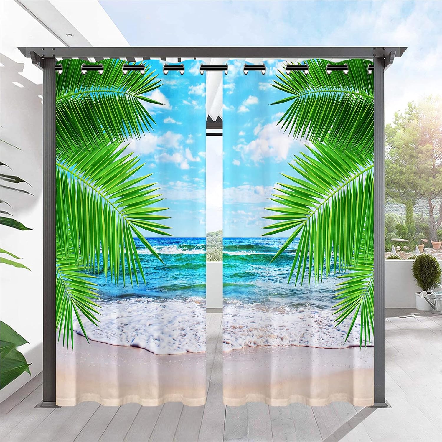 Outdoor Curtains - ANHOPE Outdoor Curtains Waterproof Grommet Top Window Drapes with Tropical Palm Tree Beach Landscape Print Pattern Outside Privacy Curtains for Patio Pergola Gazebo Cabana Porch 2 Panels 54 x 96 Inch