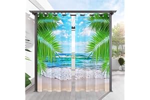 ANHOPE Outdoor Curtains for Patio - Grommet Top Waterproof Window Drapes with Tropical Palm Tree Beach Landscape Print Pattern Outside Privacy Curtains for Pergola Gazebo Cabana 2 Panels 54 x 84 Inch