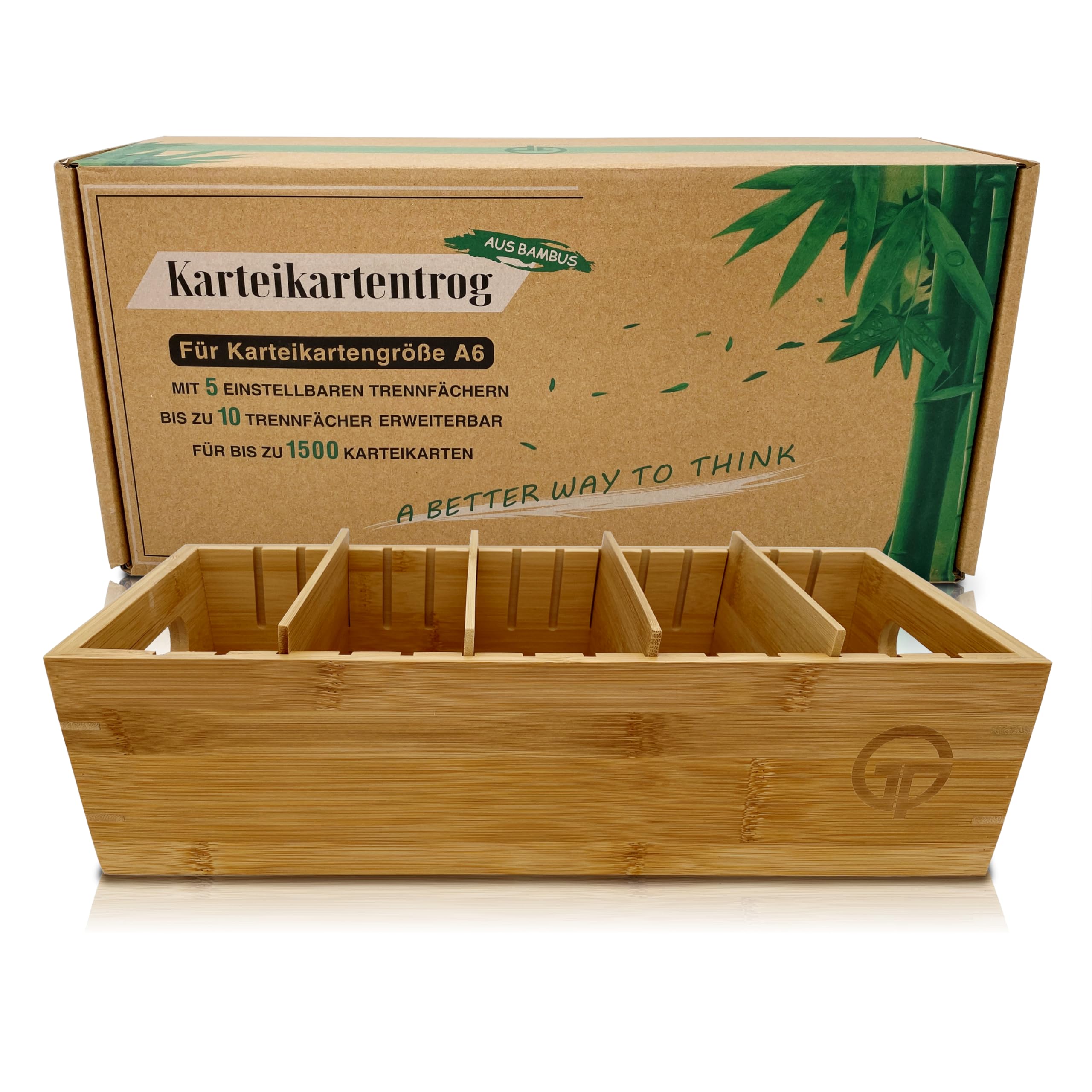 GP Get Productive Bamboo Wood Index Card Tray for 1500 DIN A6 Cards, Includes 4 Adjustable Dividers, Glossy Coated in Brown