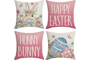 Ni-JASW Pink Easter Throw Pillow Covers 18 x 18 Inch Set of 4, Colorful Floral Bunny Eggs Butterfly Cushion Covers for Couch Sofa