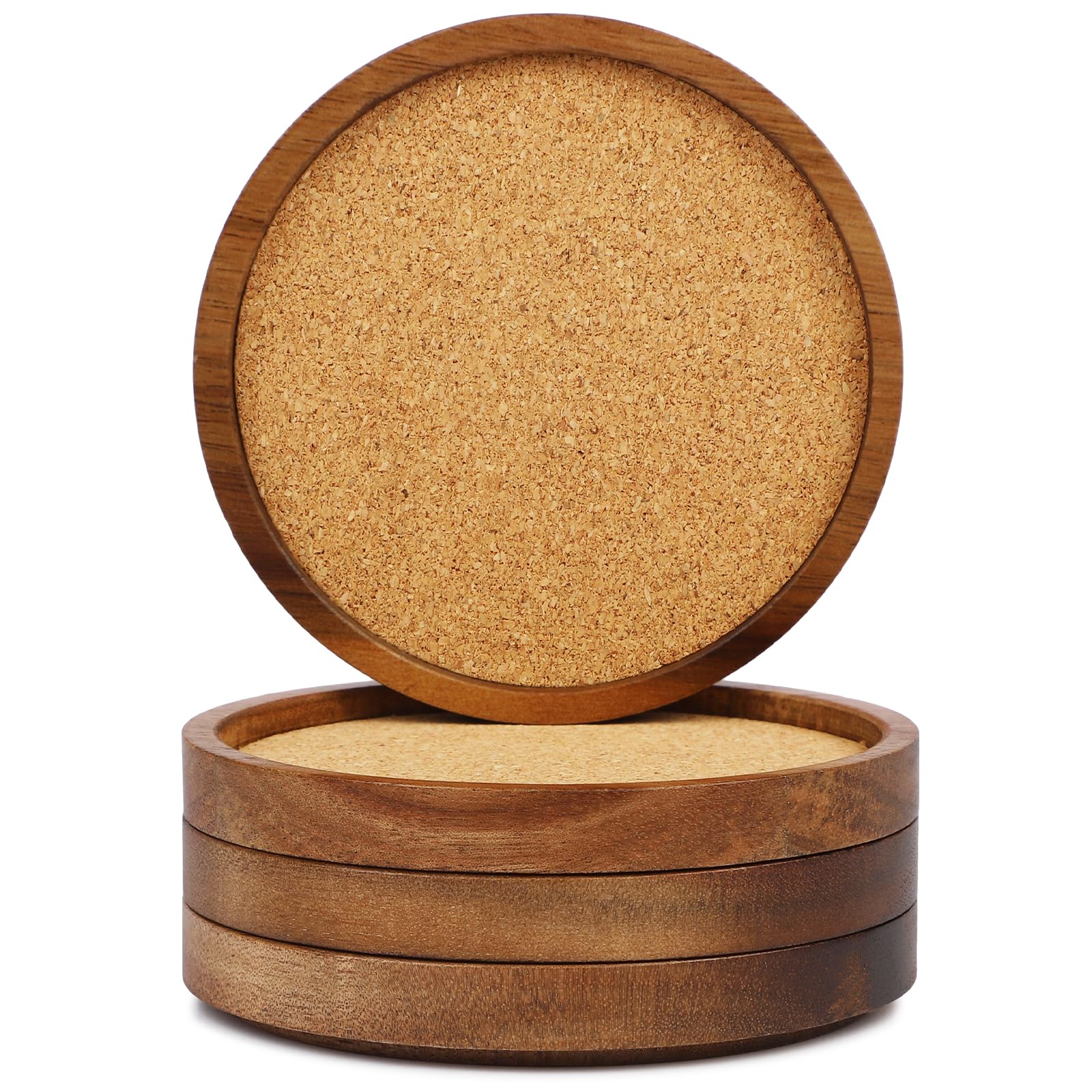 Photo 1 of Zovano Wooden Drink Coasters Set of 4, Stackable Cup Coaster for Table, 4.2 inch Absorbent Cork Coasters Set for Tabletop Protection, Rustic Glass Coaster for Coffee, Home Decor.