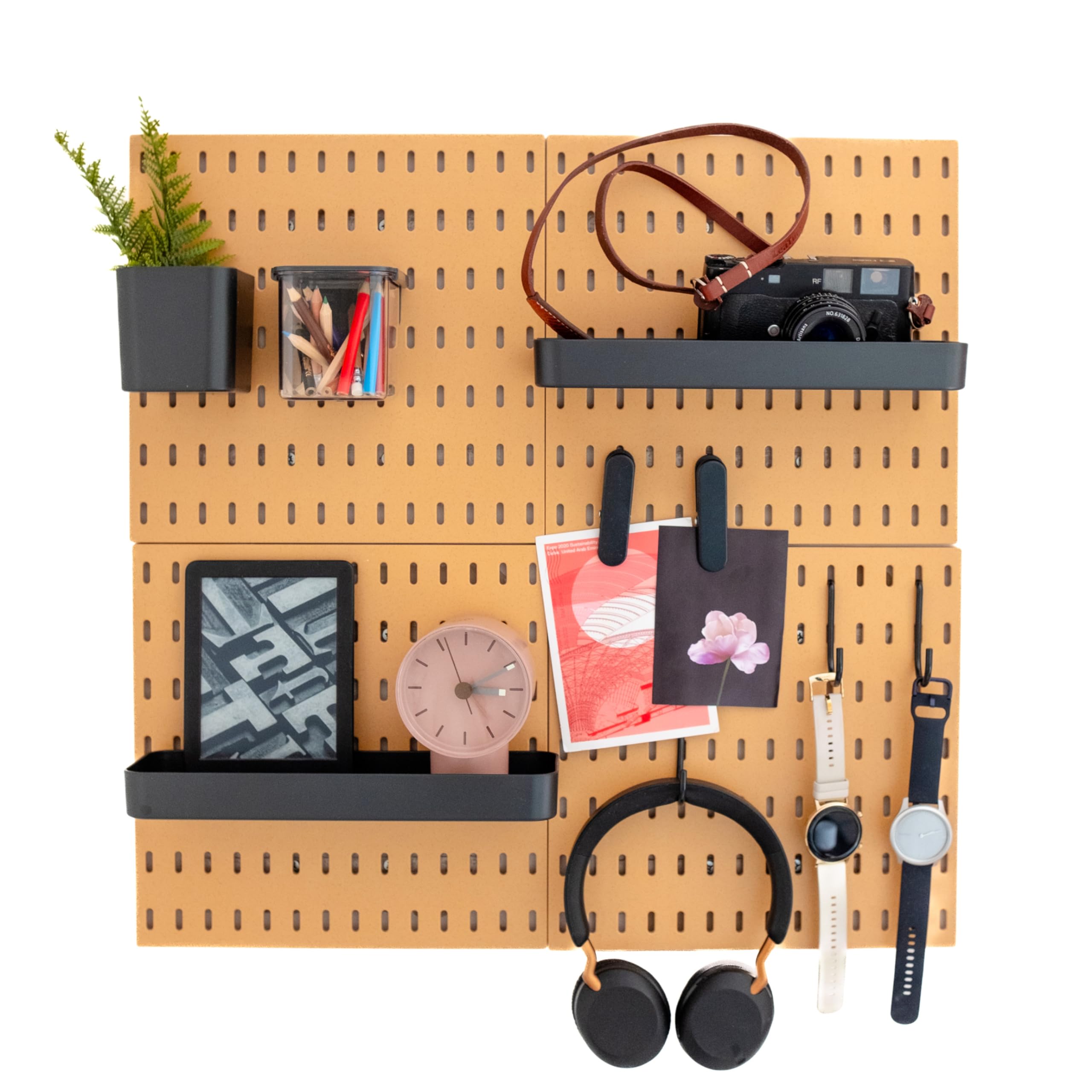 L'essentiel Home and Office Wall Organiser Pegboard 56 * 56cm Complete Set (4 Tiles of 28 * 28cm) and Accessories - (Brown/Black, 4 panels set)