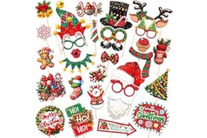 Christmas Photo Booth Props, Kaluofan 30PCS Christmas Photo Props, Antlers Hat Beard Glasses Photobooth Accessories
